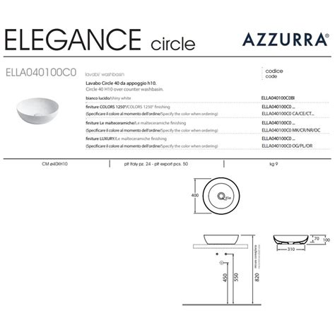 Elegance Circle Azzurra Ceramica Lavabo Minimale Appoggio Rotondo 40cm