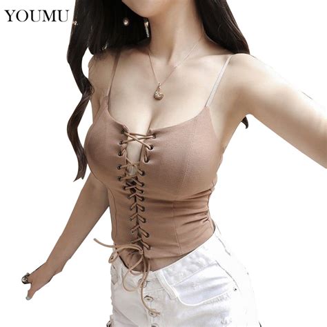 Women Cotton Sexy Club Camis Solid Hollow Out Lace Up Spagetti Strap