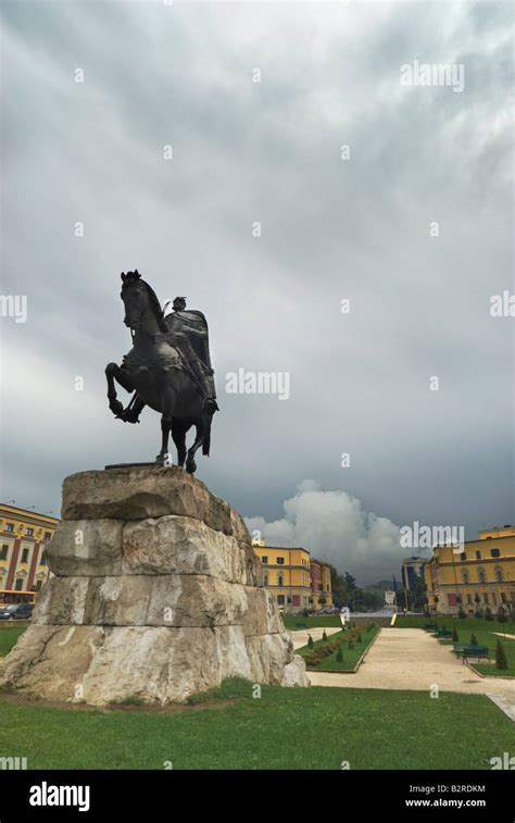 The statue of Skanderbeg in Skanderbeg Square, Tirana, Albania Stock ...