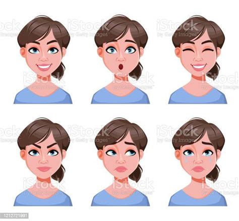 Different Female Emotions Set Beautiful Lady Stock Illustration