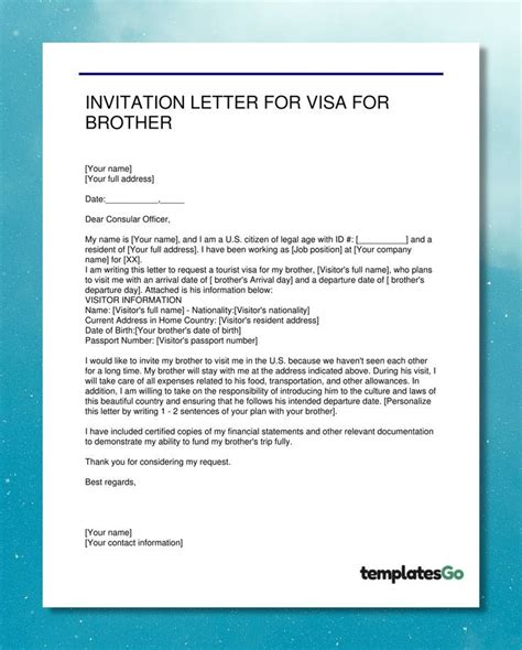 Editable Invitation Letter For U S Visa For Brother Sample Of