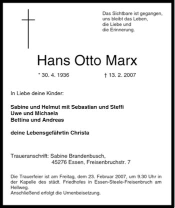 Traueranzeigen Von Hans Otto Marx Trauer In Nrw De