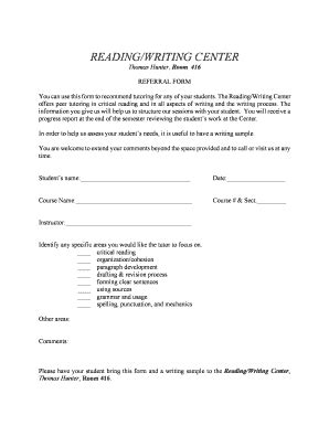 Fillable Online Rwc Hunter Cuny Referral Form Reading Writing Center