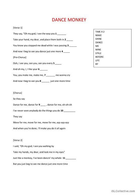 DANCE MONKEY song and nursery rhyme…: English ESL worksheets pdf & doc