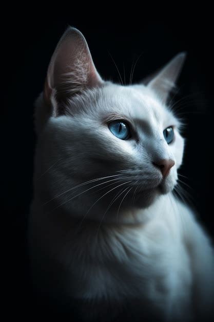 Um Gato Branco De Olhos Azuis Est Sentado Em Frente A Um Fundo Preto