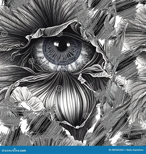 Eye. Floral Black and White Lines Seamless Pattern. Modern Background with Hatches. Line Art ...