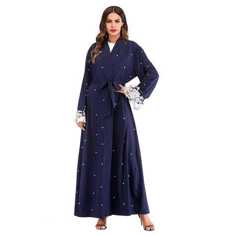 Abaya Muslim Lace Cardigan Women Beaded Open Robe Islam Dubai Maxi