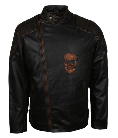 Biker Skull Leather Jacket For Men In Black Leather Fiction