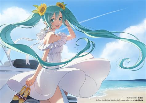 Aqua Eyes Aqua Hair Beach Car Choker Clouds Dress Flowers Hatsune Miku