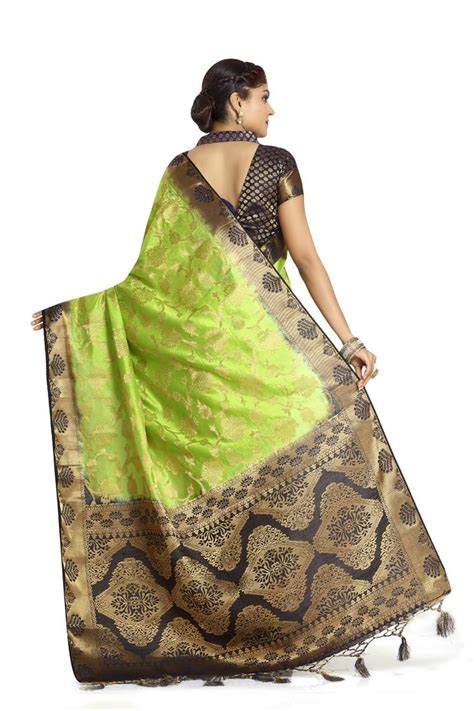 Parrot Green Woven Raw Silk Saree With Blouse Maruti Fashion 2553239