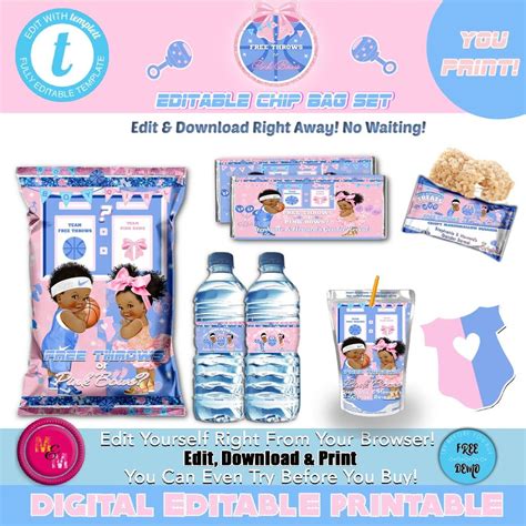 Editable Free Throws Pink Bows Chip Bag Set Basketball Gender Reveal