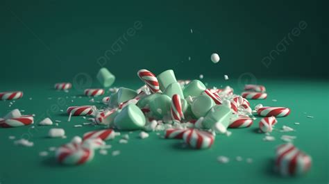 Green Background Candy Cane Caramels With 3d Rendered Peppermint Candy Canes Cascading Slowly