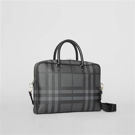 London Check And Leather Briefcase In Charcoalblack Men Burberry