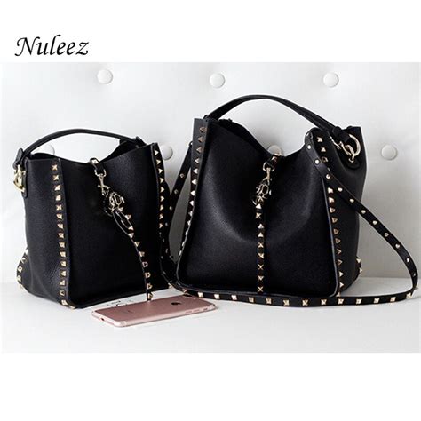 Nuleez genuíno couro bolsa feminina duas correias rebite decoração moda