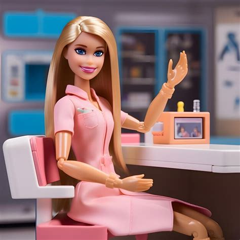 Premium AI Image Cute Blonde Barbie Wearing Pink Outfit Sits Against Blurred Background Side View