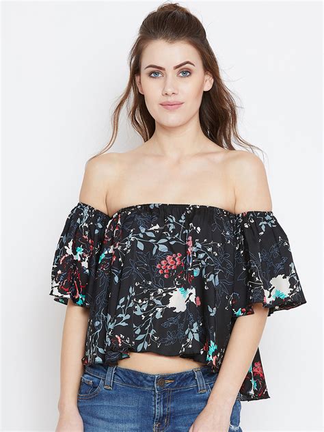 Berrylush Women Black And Multicoloured Floral Printed Off Shoulder Neck