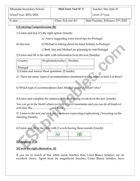 Mid Term Test N Esl Worksheet By Dorralinda