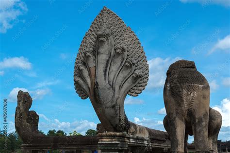 Angkor Wat Siem Reap Cambodia A Seven Headed Naga Statue At The