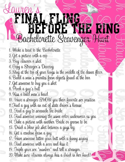 Wild And Crazy Bachelorette Party Scavenger Hunt By Ohsofabulous