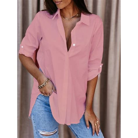 Womens Shirt Blouse Black White Pink Solid Color Plain Button Long