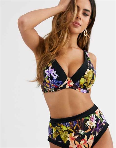 Figleaves Fuller Bust Underwired Plunge Bikini Top In Tropical Print Asos