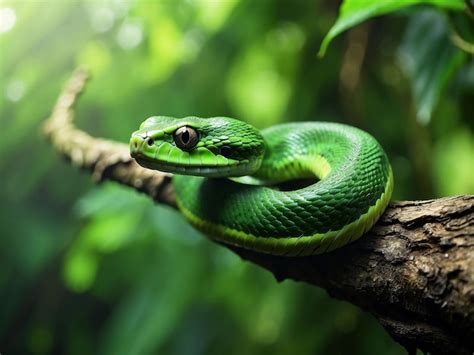 Premium AI Image | A green snake is on a branch on natural background ...