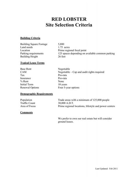 RED LOBSTER Site Selection Criteria - Darden Restaurants