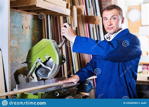 Man Operating Circular Saw In Wood Workshop Stock Photo Image Of