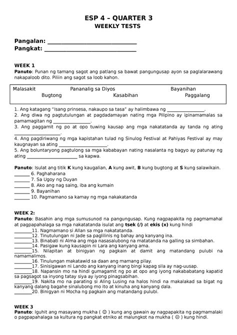 3RD QTR WT ESP4 Sample Test ESP 4 QUARTER 3 WEEKLY TESTS Pangalan