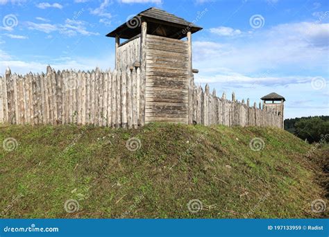 Lanscape Of Viking Village Wooden Towers With Palisade Stock Image