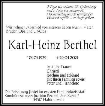 Traueranzeigen Von Karl Heinz Berthel Trauer Hna De