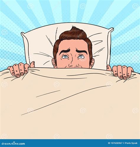 Pop Art Man Hiding In Bed Scared Guy Peeps Up Under The Blanket Stock