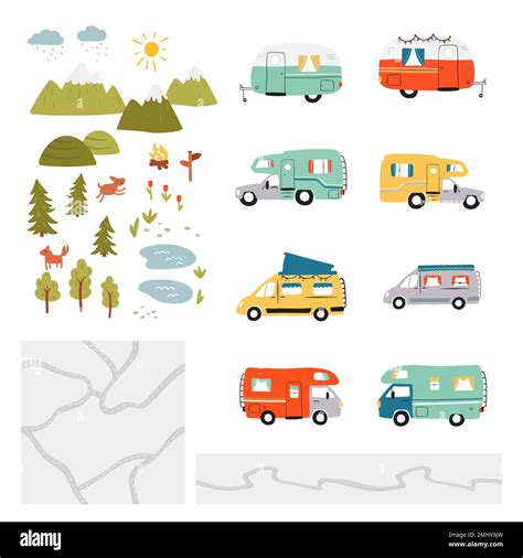 Road Trip Elements Doodle Camper Vans Vanlife Adventure Seamless