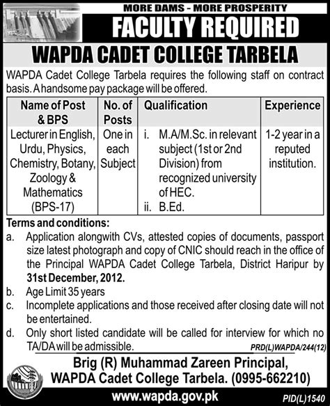 Wapda Cadet College Tarbela Jobs For Faculty In Tarbela District