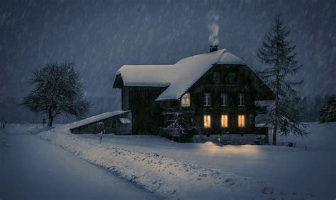 Hd Wallpaper Winter Snow Night House Romantic Winter Evening Cold