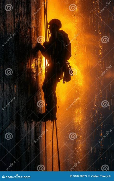 Silhouette of Firefighter Climbing Rope Ladder Against Sunset Sky Stock ...