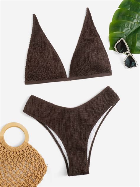 Plus Smocked High Cut Bikini Swimsuit SHEIN