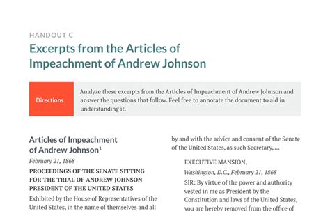 Handout C Excerpts From The Articles Of Impeachment Of Andrew Johnson