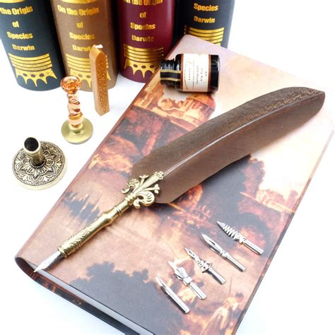 Antique Feather Quill Pen Set With Glass Wax Seal Stamp Pen Etsy