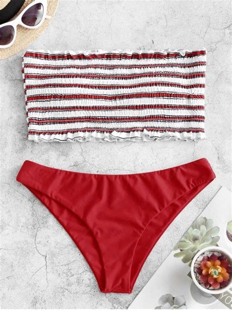 Zaful Stripe Smocked Bandeau Bikini Set In Red Zaful 2024