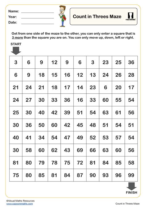 Count In 3s Maze Worksheet Pdf Printable Number Worksheets