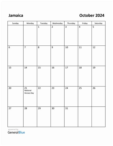 Free Printable October Calendar For Jamaica