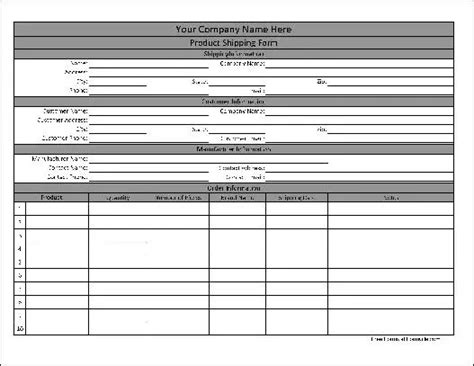 Free Personalized Detailed Wide Numbered Row Product Shipping Form From