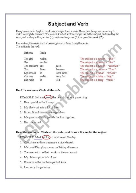 Worksheet Identifying Subject And Verb