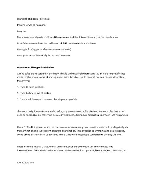 CN 112L Notes Oxidative Deamination - Examples of globular proteins ...