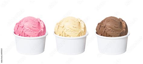 Neapolitan Ice Cream Scoops In White Cups Of Chocolate Strawberry And