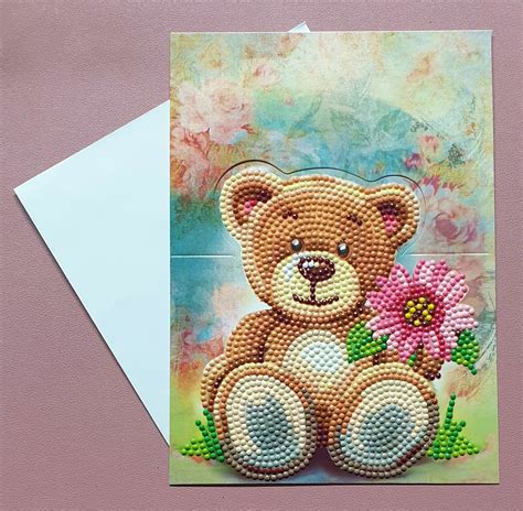 Diamond Painting Aufstell Karte Fertig Teddy Mit Blume Handmade