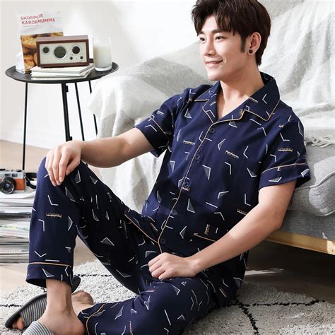 Buy Men Pajama Set Spring Summer 100 Cotton Prints Short Sleeve Male Sleepwear