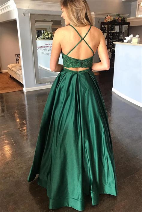 Two Pieces Lace Top Backless Green Prom Dress With Pocket Two Pieces Abcprom