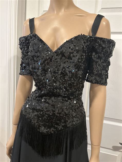 Vintage Gown 80 S Modi Black Sequin Off Shoulder Sz M Gem